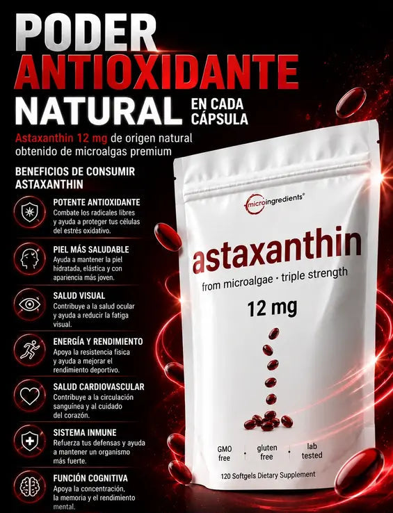 Astaxanthin 12 mg de Microingredients® Cuida tu piel, ojos y células desde hoy con protección antioxidante avanzada