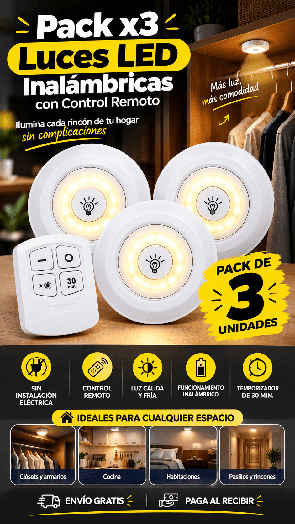PACK X 3 LUCES LED CON CONTROL
